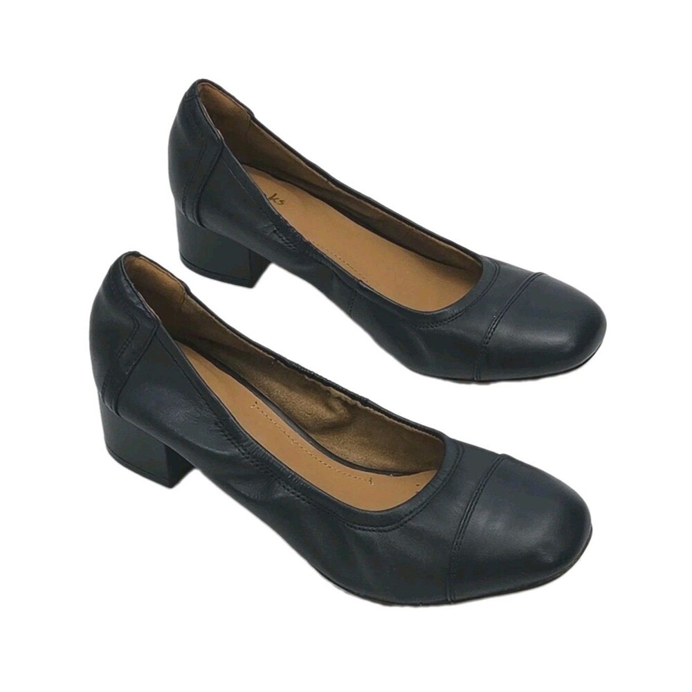 Clarks Artisan Dress Shoes 1.75" Heels Cala Dor Navy Blue Leather Women Size 9.5